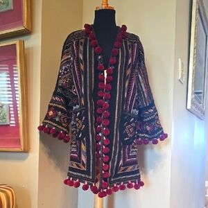 Johnny Was Red and Black Geometric Cardigan with Fringe
